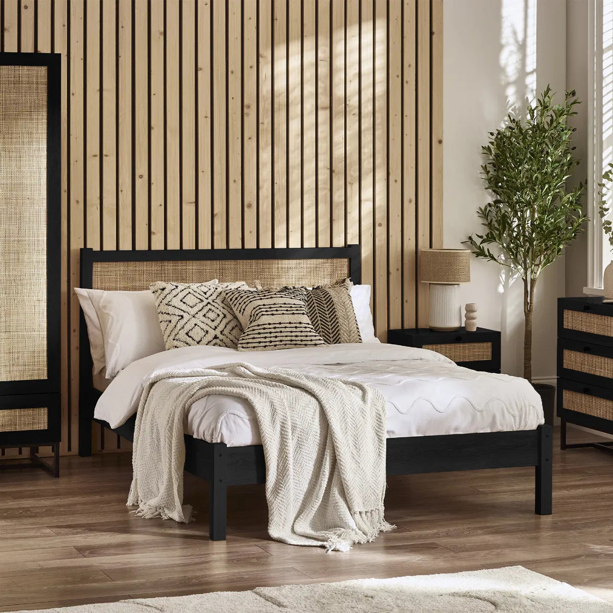 Clermont Black Oak Wood & Rattan Rattan Double Bed